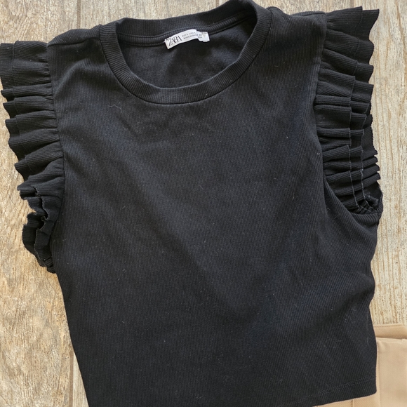 Zara Outfut Bundle Tan Dress Pants Ruffle Top Sz Small - Picture 2 of 4